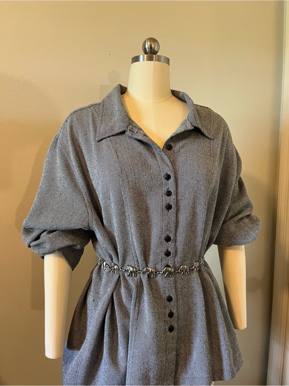 Gray Houndstooth Button Up Shirt Long Sleeve Career Office chic XL